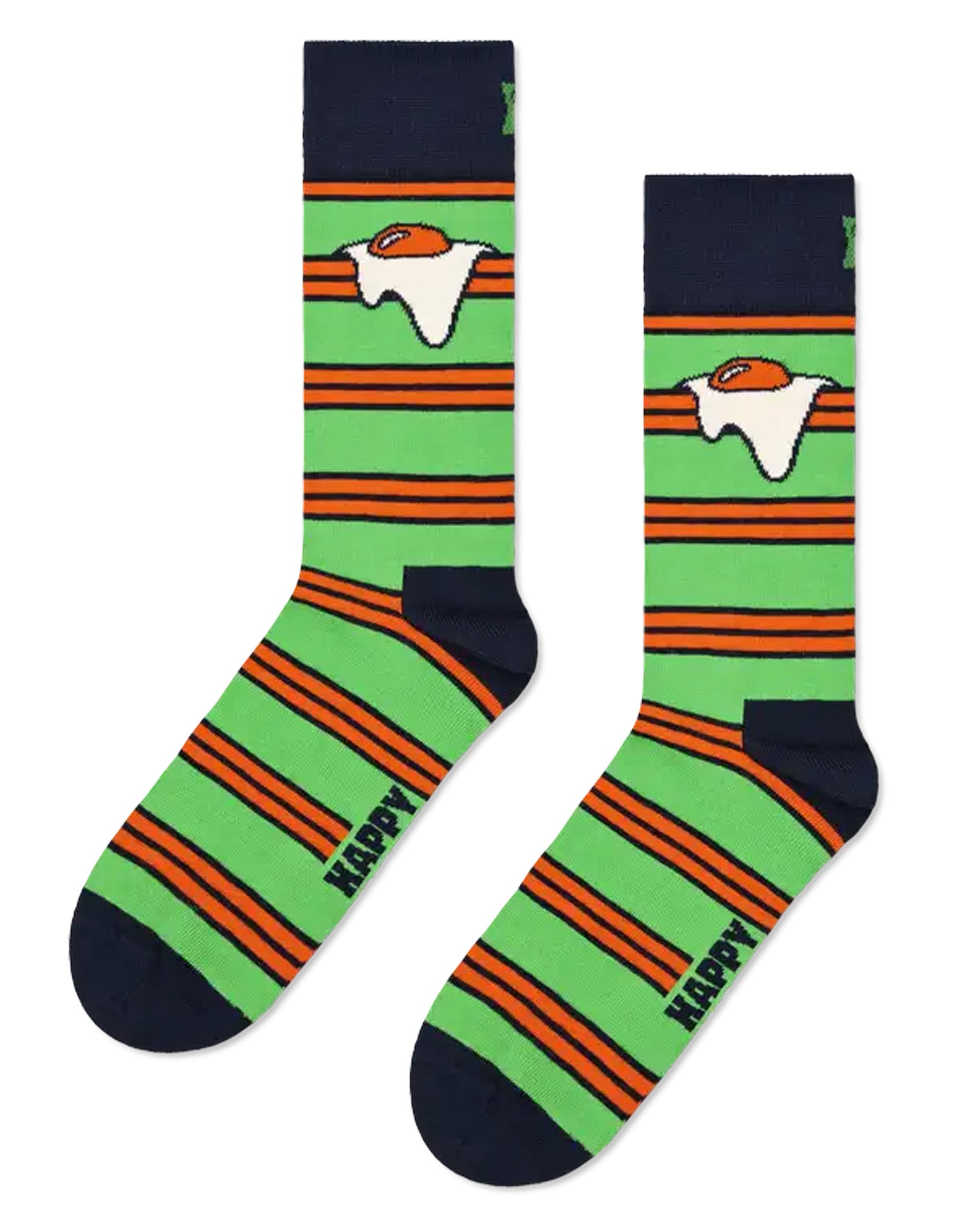 Happy Sock P000758 Egg On Stripe Sock - Bright green cotton crew length ankle socks with an orange and navy horizontal stripe pattern, fried egg, navy toe, heel and cuff.