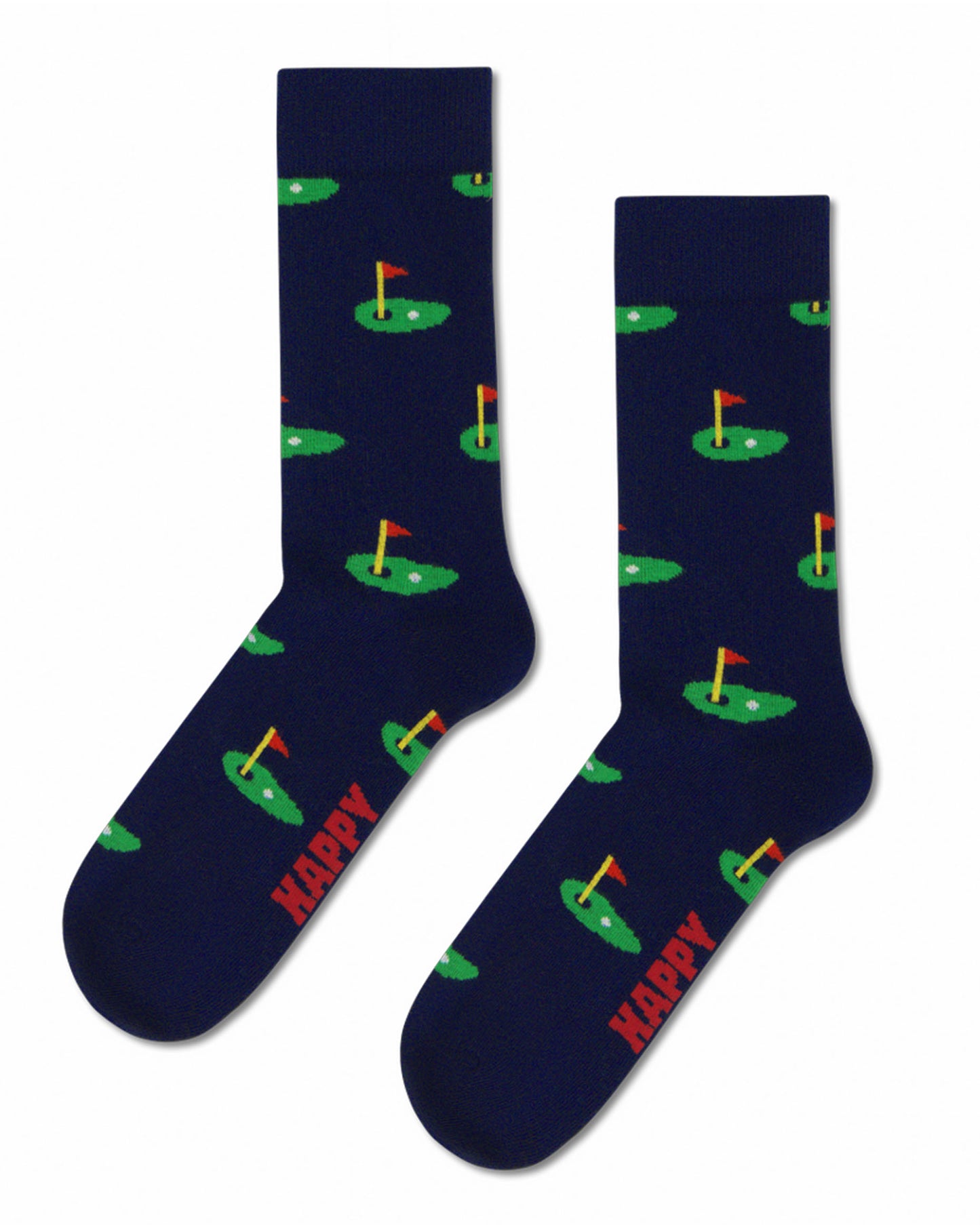 A pair of navy blue crew socks with a repeating pattern of green golf putters and orange flags, featuring the word 'HAPPY' printed in red on the sole of each sock.