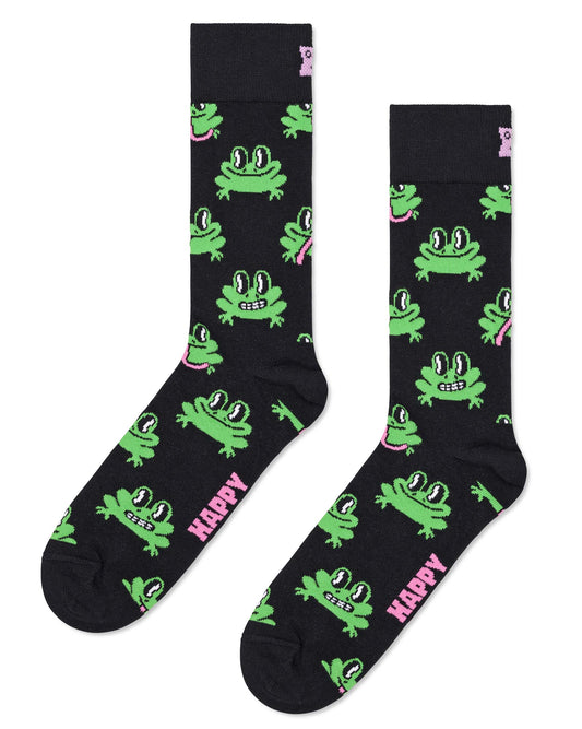 Happy Socks P000062 Frog Sock - Black cotton crew length ankle socks with an all over pattern of smiling cartoon frogs in bright neon green with a pink tongue.
