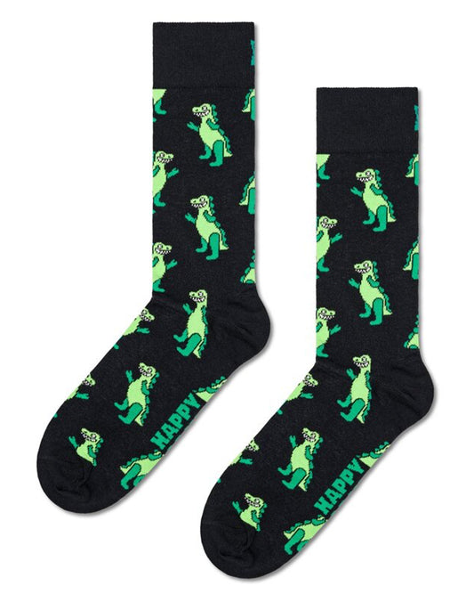 Happy Socks P000726 Inflatable Dino Sock - Black cotton crew length ankle socks with an all over cartoon dinosaur pattern in shades of green.