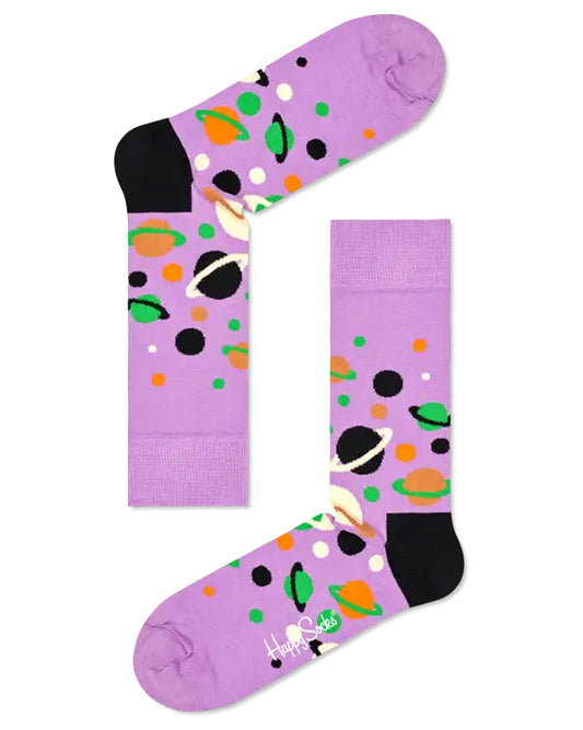 Happy Socks Milky Way Sock - Lilac cotton crew length ankle socks with multicoloured planets pattern in green, orange, black and cream and bright orange.