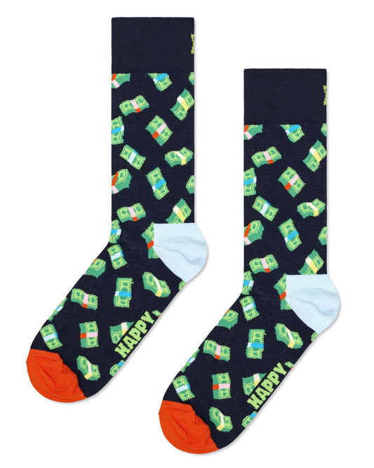Navy cotton crew length ankle socks with a pattern of wads of bank notes.