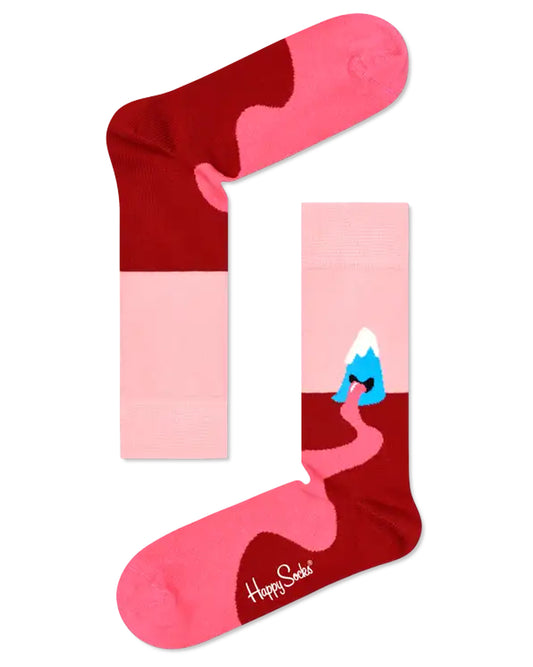 Happy Socks Mountain High Sock - Cotton crew length ankle sock with a personified volcano with pink lava flowing out of its mouth onto a maroon coloured ground against a pale pink sky.