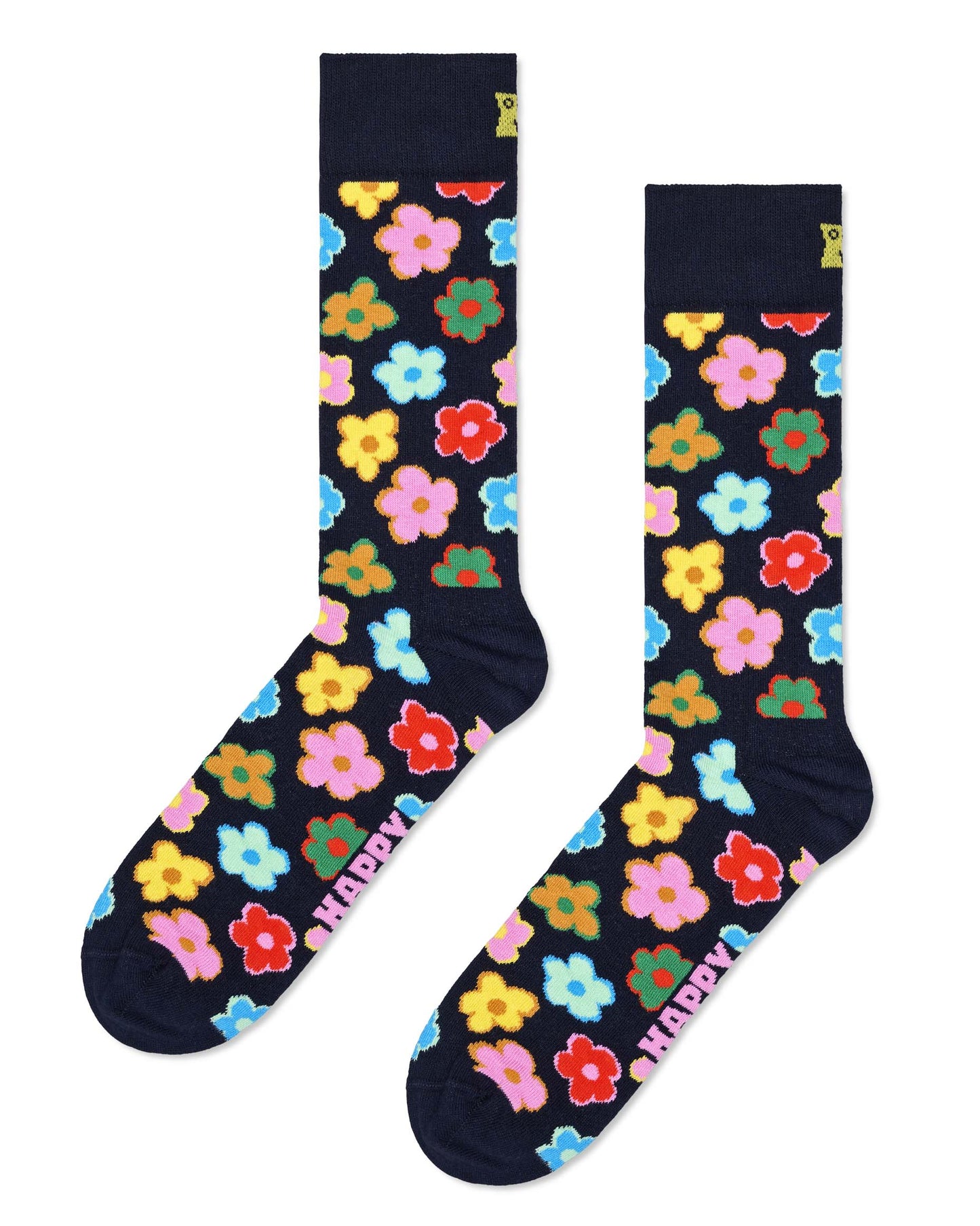 Navy cotton crew length ankle socks with an all over colourful sixties style flower pattern.