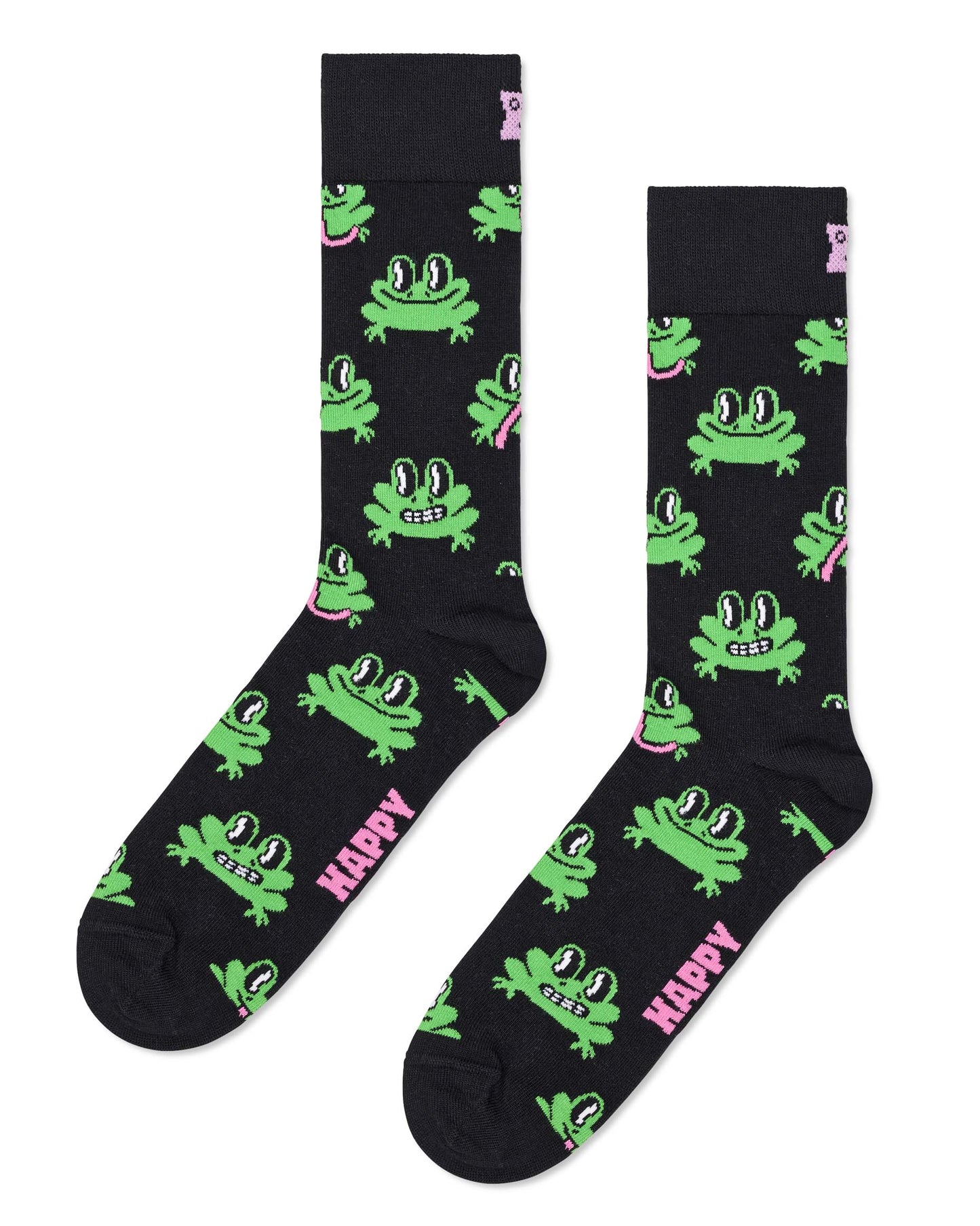 Black socks with green frog designs and 'Happy' text on a white background