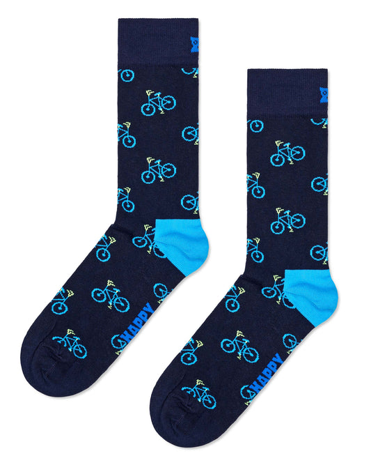 Happy Socks P000842 Bike Sock - Navy cotton crew length ankle socks with an all over pattern of bicycles in bright blue.