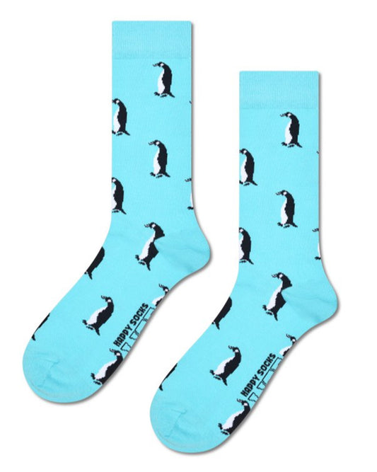 Bright turquoise blue cotton ankle socks with an all over black and white emperor penguin pattern.