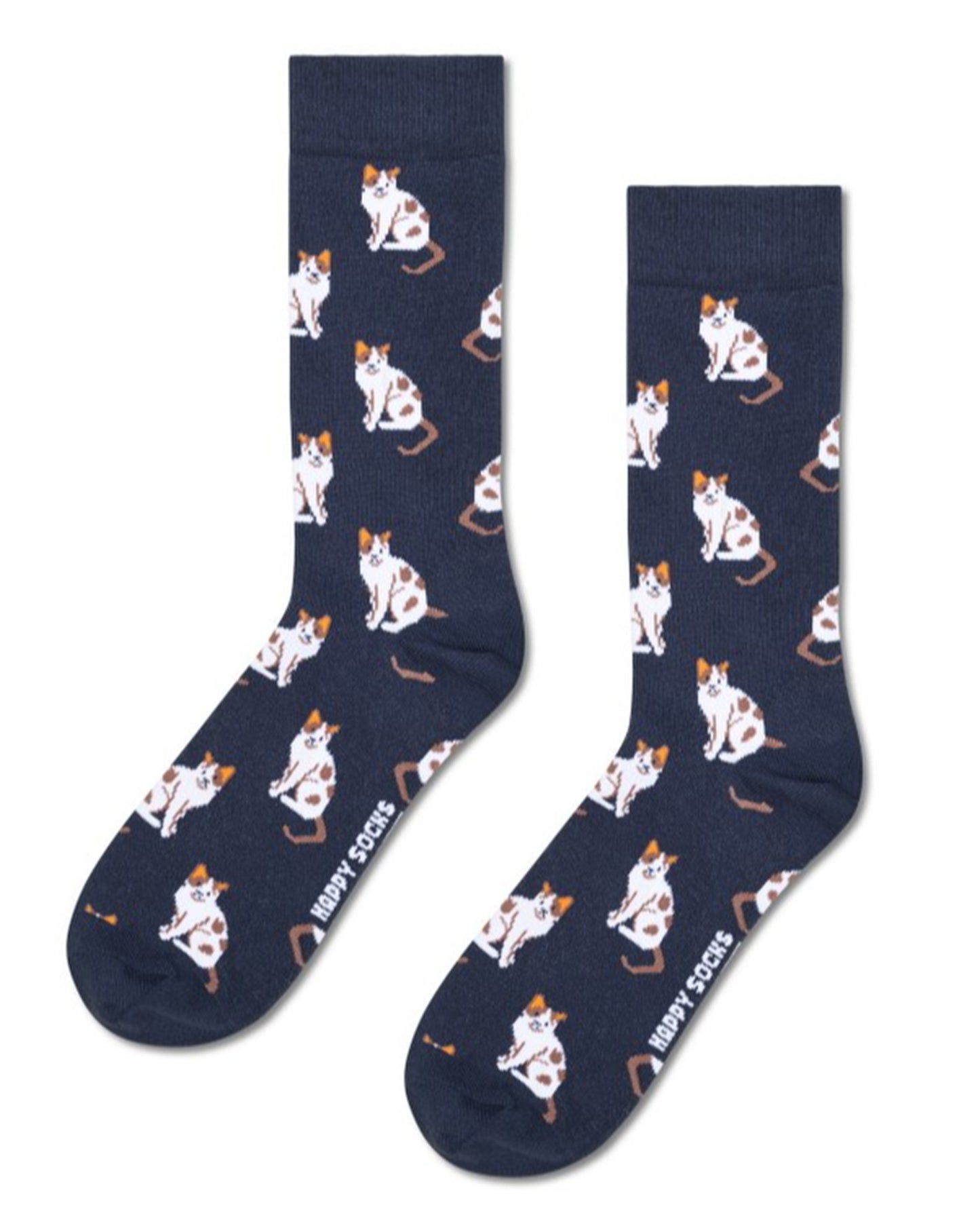 Navy cotton crew length ankle socks with an all over white and brown spotted cat with ginger ears.