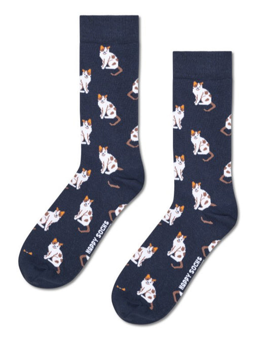 Navy cotton crew length ankle socks with an all over white and brown spotted cat with ginger ears.