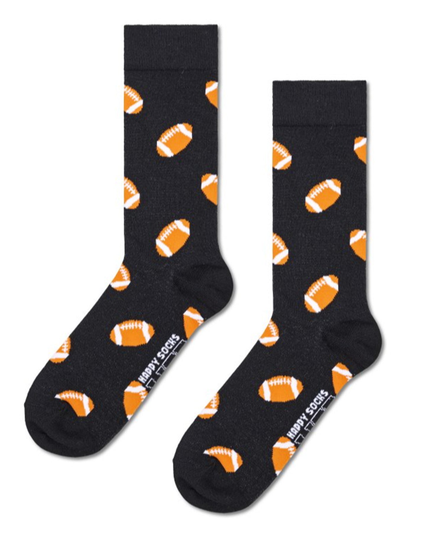 Black cotton crew length ankle socks with all over rugby ball pattern in orange and white.