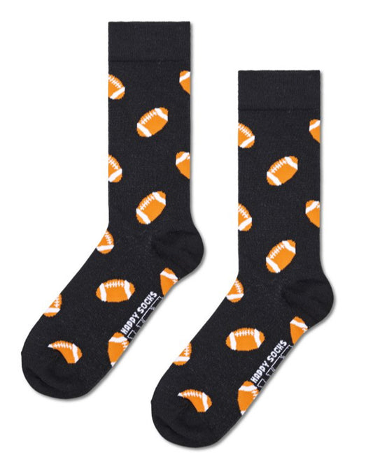 Black cotton crew length ankle socks with all over rugby ball pattern in orange and white.