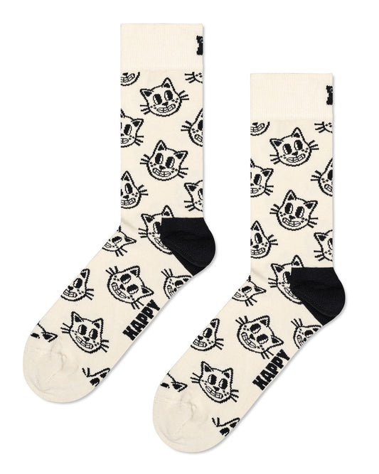 Happy Socks CAT01-9100 Cat Sock - Cream cotton mix crew length ankle socks with a cartoon cat face pattern in black with a black heel.