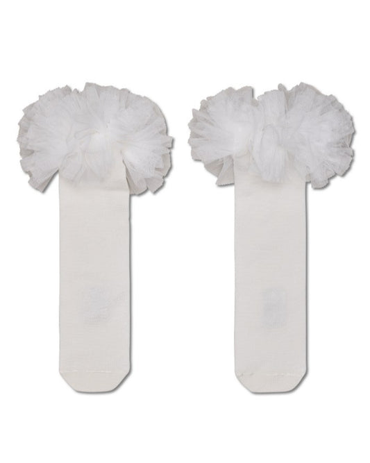 Pair of white socks with fluffy pom-pom tops on a white background