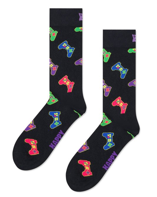 Black socks with colorful game controller and 'Happy' print on a white background