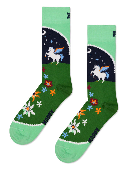 Green socks with unicorn and flower design on a white background
