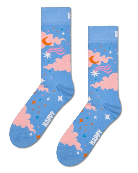 Light blue cotton crew length ankle socks with pale pink clouds, orange moon and white orange and blue stars.