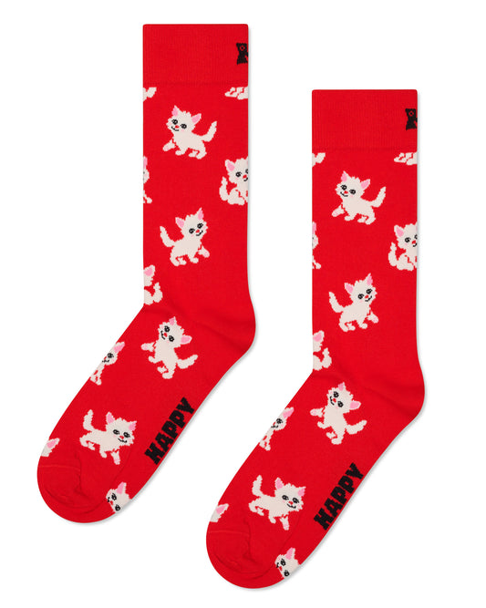 Red socks with white cat patterns and 'Happy' text on a white background