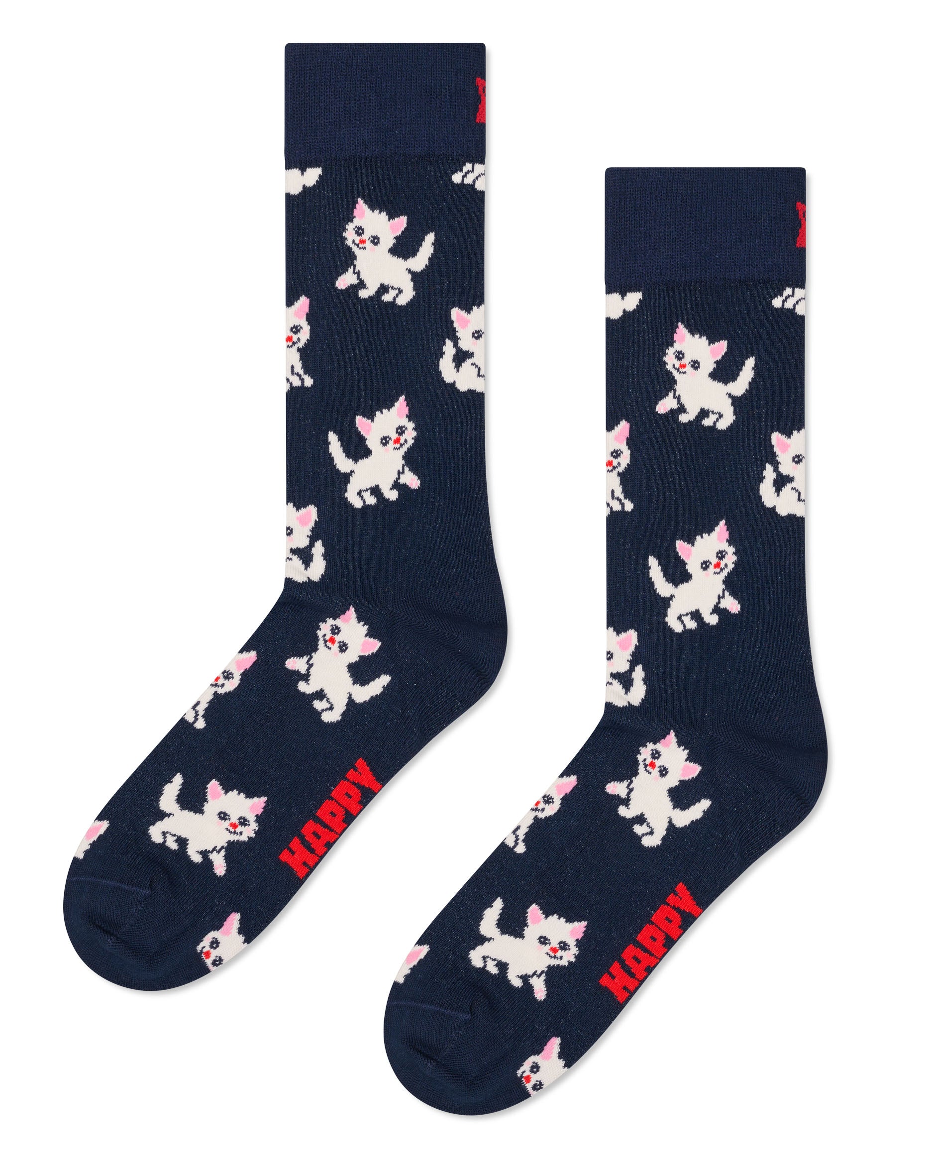 Navy socks with white cat illustrations and red text on a white background