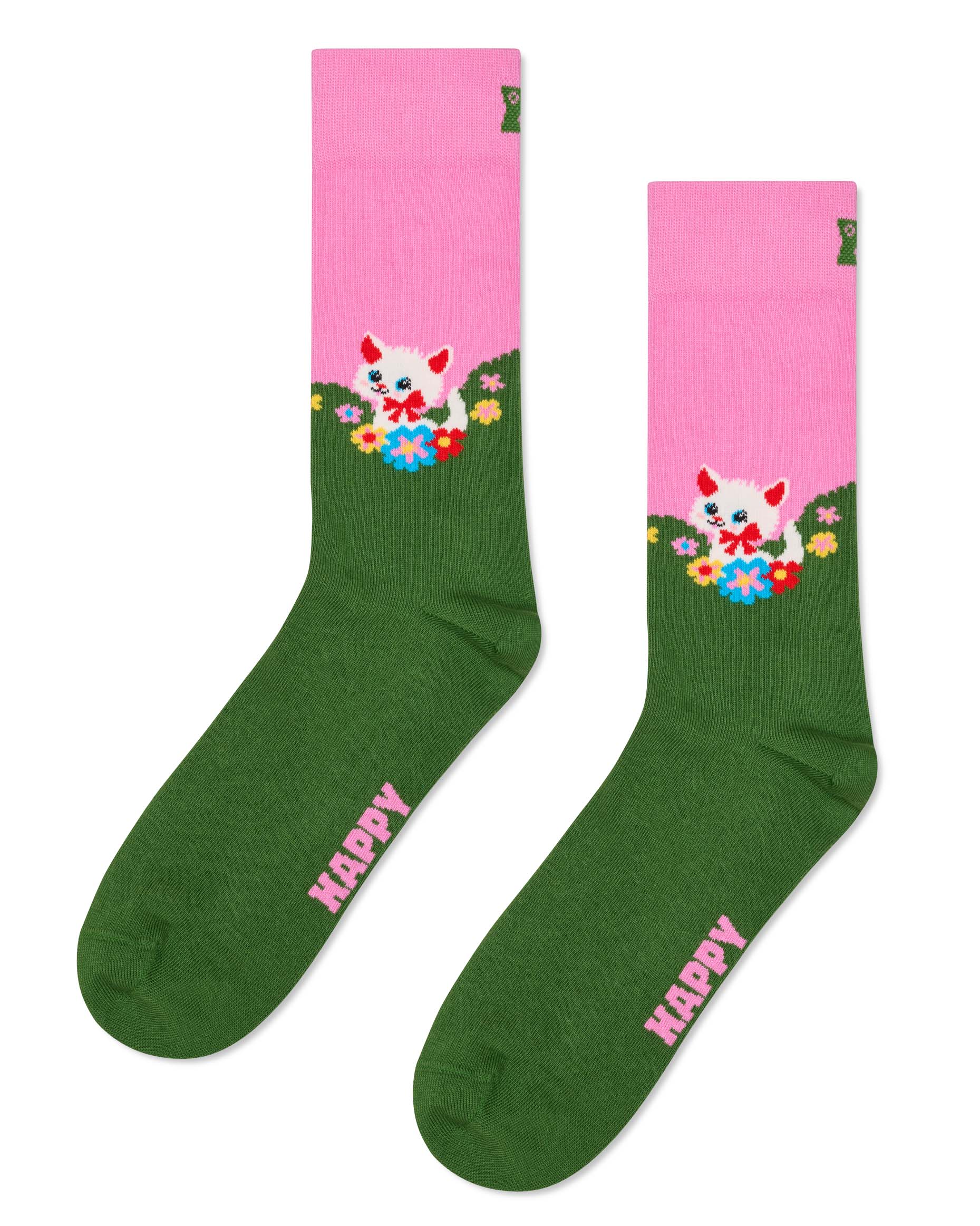 Green socks with pink tops featuring a cat design and the word 'Happy'.