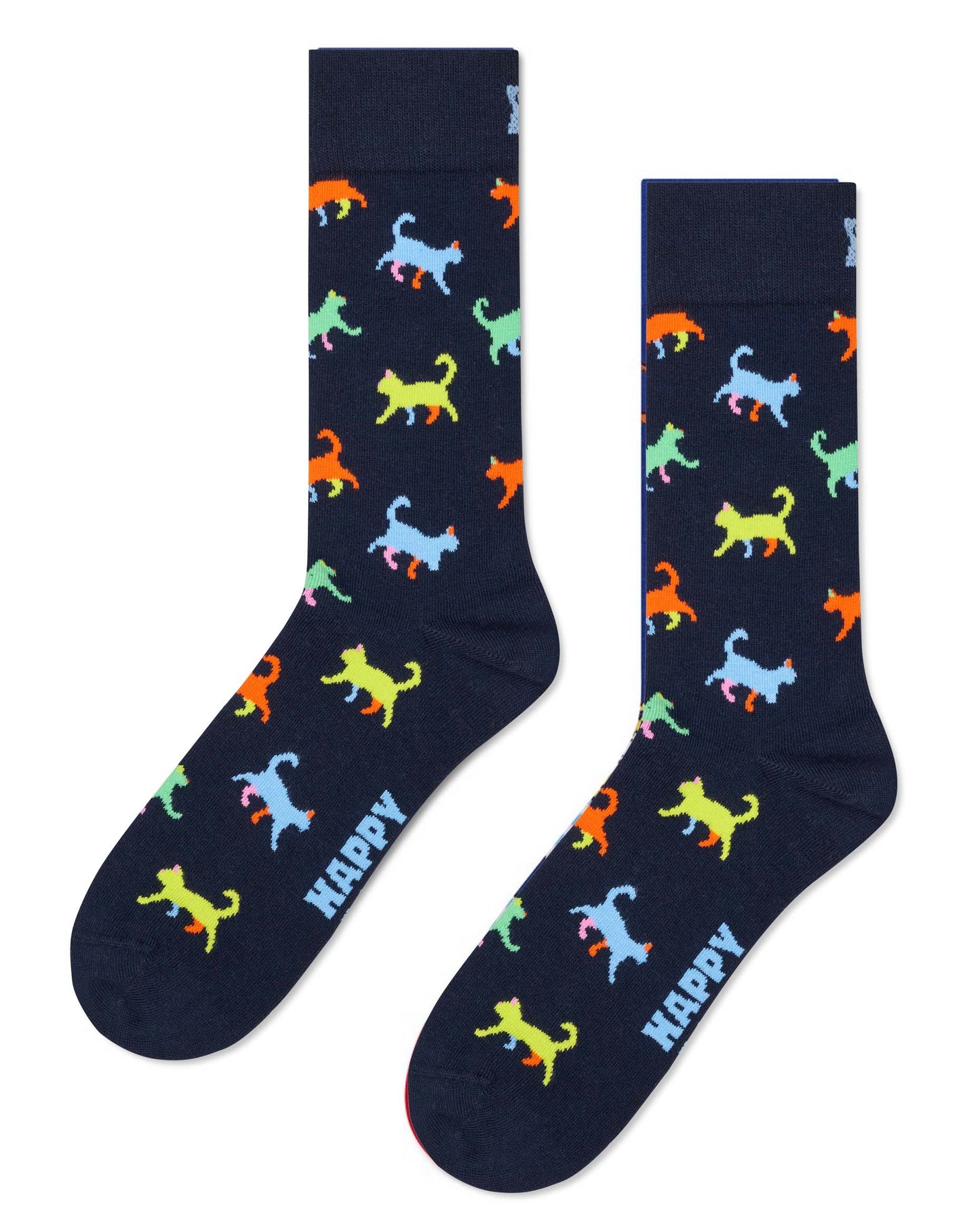 Happy Socks P003197 Kitten Lover Sock - Dark navy cotton crew length ankle socks with a multicoloured pattern of cats in pastel shades of blue, green, lime and orange.