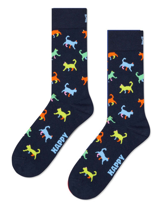 Happy Socks P003197 Kitten Lover Sock - Dark navy cotton crew length ankle socks with a multicoloured pattern of cats in pastel shades of blue, green, lime and orange.
