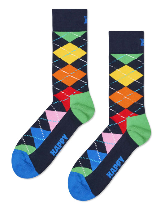 Colorful argyle pattern socks with 'Happy' text on a white background