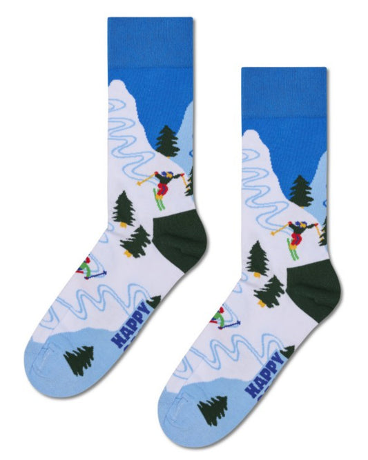 Cotton crew length ankle socks with a Winter mountain piste scene of skiers skiing down a slope.