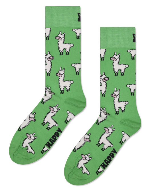 Bright green cotton crew length ankle socks with funny white cartoon llamas.