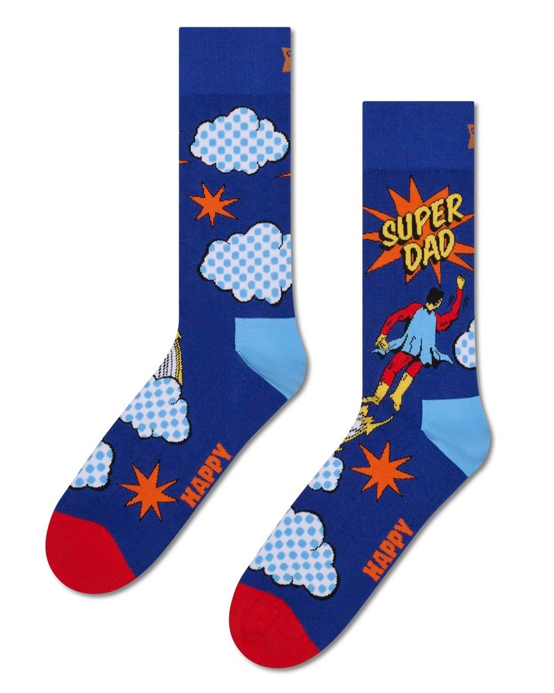 Dark blue cotton crew length socks with a comic book style design of a caped super hero, clouds and pow stars with "Super Dad", red toe and light blue heel.