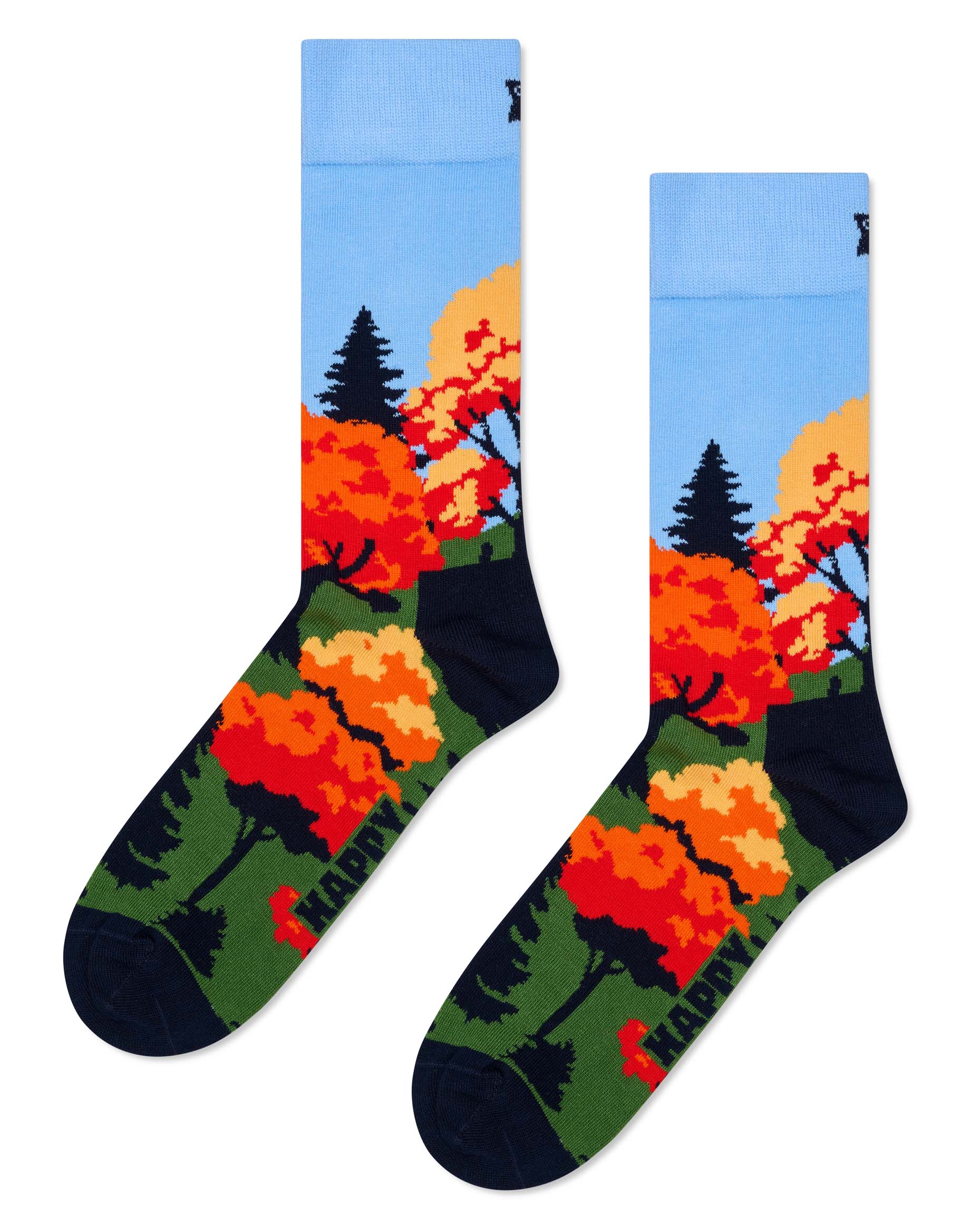 Colourful socks with Autumn trees/forest design with a light blue sky on a white background