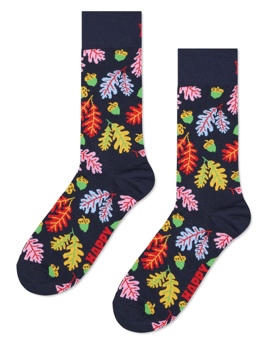 Navy crew length ankle socks with a multicoloured pattern of acorns and oak tree leaves.