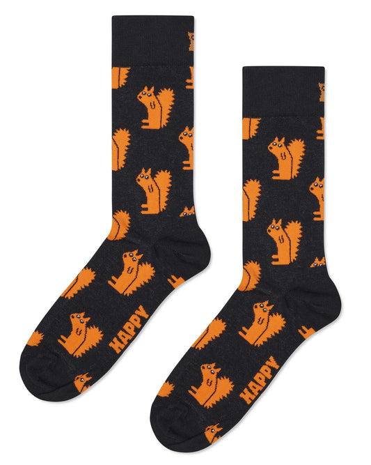 Happy Socks P003791 Squirrel Sock - Black cotton crew length ankle socks with a pattern of funny cartoon type squirrels.