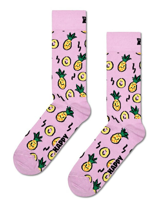Happy Socks P000718 Pineapple Sock - Light lilac cotton crew length ankle socks with an all over pattern of smiling cartoon pineapples in shades of yellow, green and black.