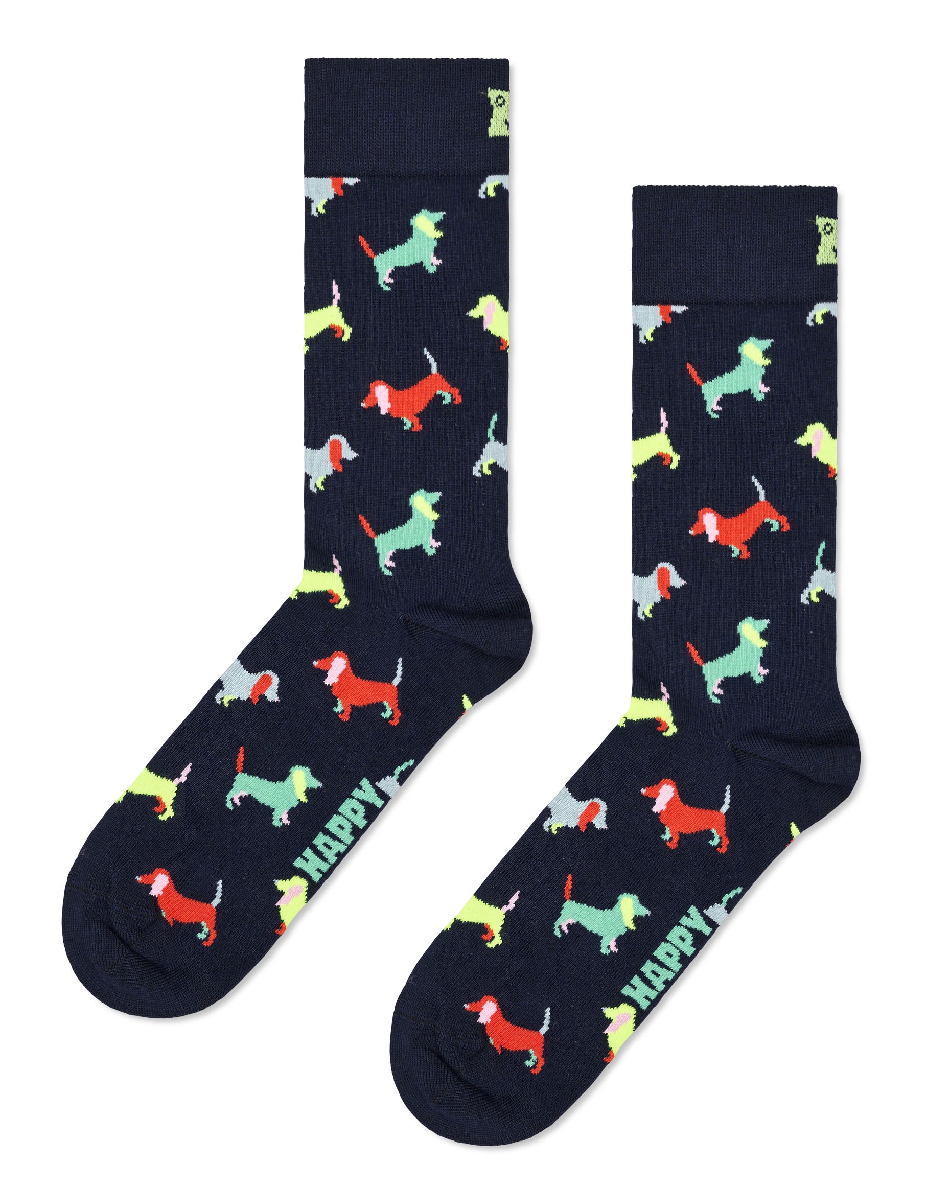 Happy Socks PUL01-6500 Puppy Love Sock - Dark navy cotton crew length ankle socks with a multicoloured dachshund type pattern.