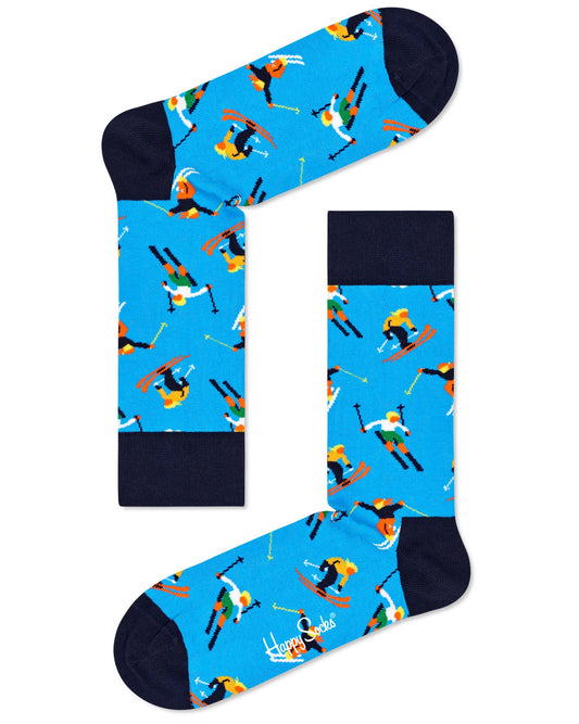 Happy Socks SKI01-6300 Skiing Sock - Sky blue cotton ankle socks with multicoloured jumping skiers pattern, dark navy cuff and toe. Perfect Christmas gift.