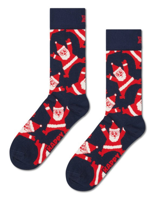 Navy cotton crew length ankle socks with a pattern of jumping jack Santas in red and white.