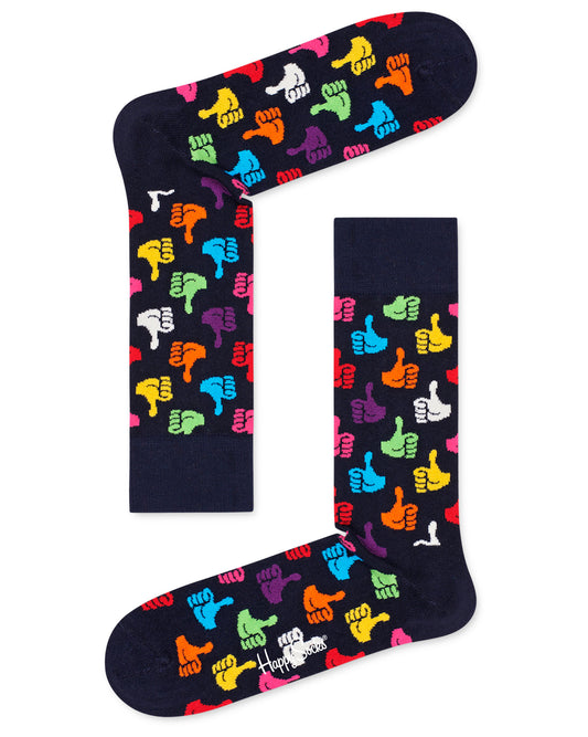 Happy Sock THU01-6500 Thumbs Up Sock - Dark navy cotton crew socks with multicoloured thumbs up pattern.