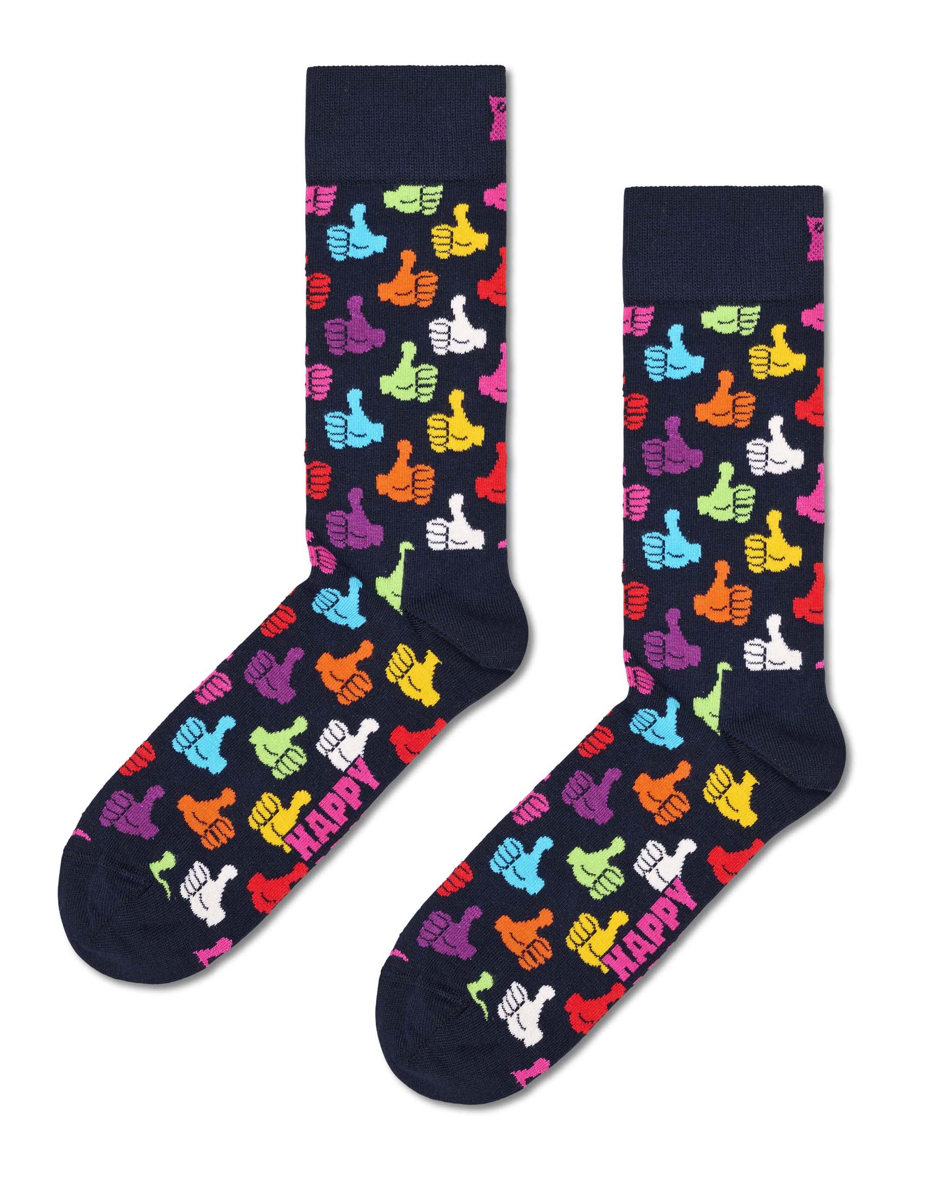 Happy Sock THU01-6500 Thumbs Up Sock - Dark navy cotton crew socks with multicoloured thumbs up pattern.
