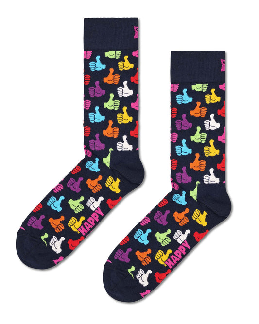 Happy Sock THU01-6500 Thumbs Up Sock - Dark navy cotton crew socks with multicoloured thumbs up pattern.