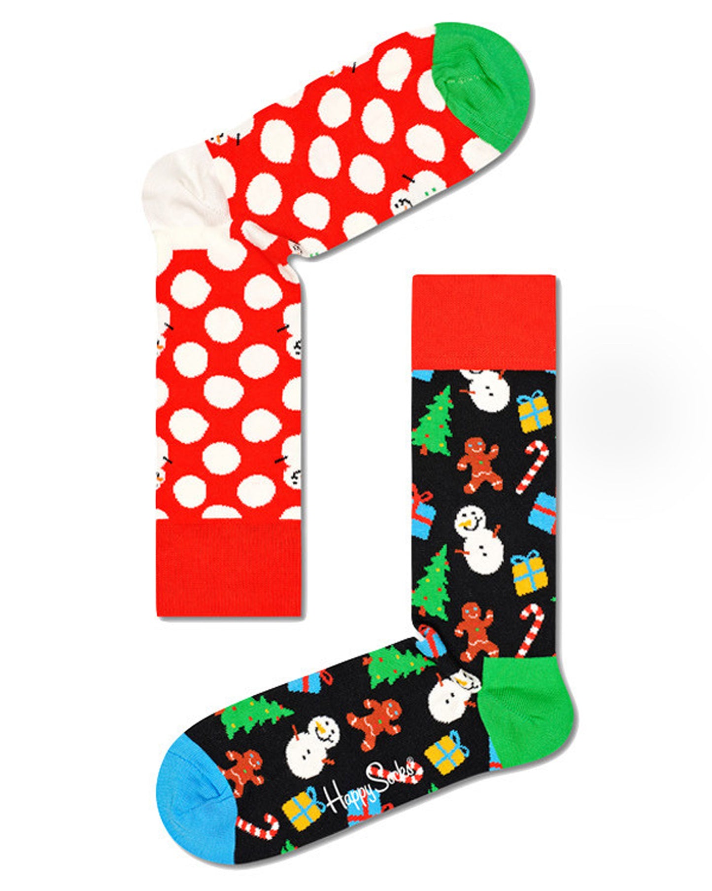 Happy Socks Big Dot Snowman Gift Box - Christmas Cracker gift box with two pairs of socks. One pair is red with white snowman and polka dots pattern and the other has a pattern of ginger bread men, candy canes, snowmen, presents, Xmas trees on a black background with light blue toe, green heel and red cuff.
