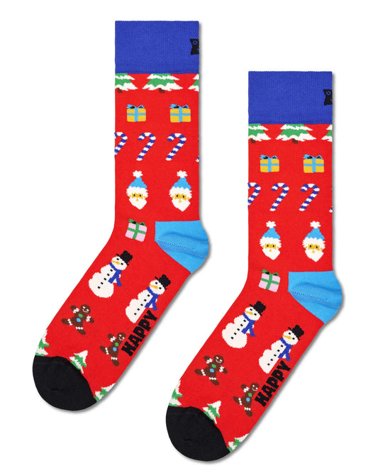 Happy Socks P000382 All I Want For Christmas Sock - Red crew length Christmas themed ankle socks with a fairisle style pattern of stripes of candy canes, Santas, presents, snow men, ginger bread men.