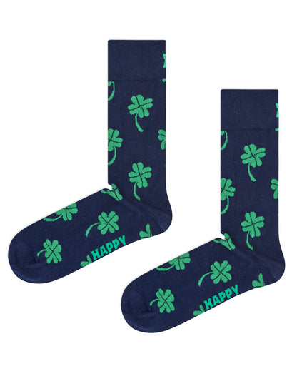 Happy Sock Big Luck Sock - Men's navy cotton crew length ankle socks with green four leaf clover pattern, perfect for St. Patrick's Day.