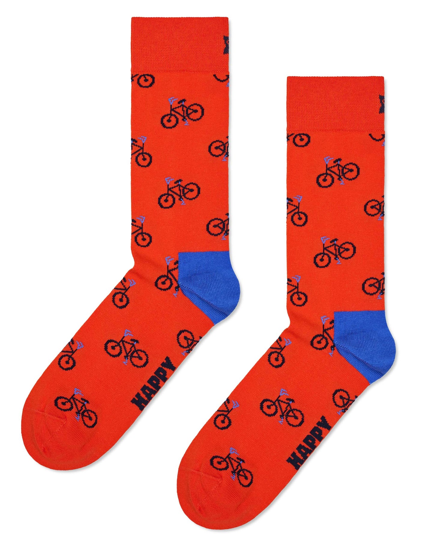 Happy Socks P000049 Bike Sock - Red cotton crew length ankle socks with an all over pattern of bicycles in navy and blue and blue heel.