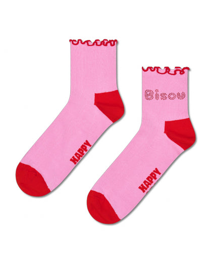 Pink socks with red accents and 'Happy' text on a white background