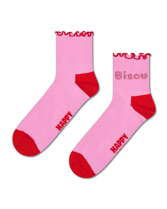Pink socks with red accents and 'Happy' text on a white background