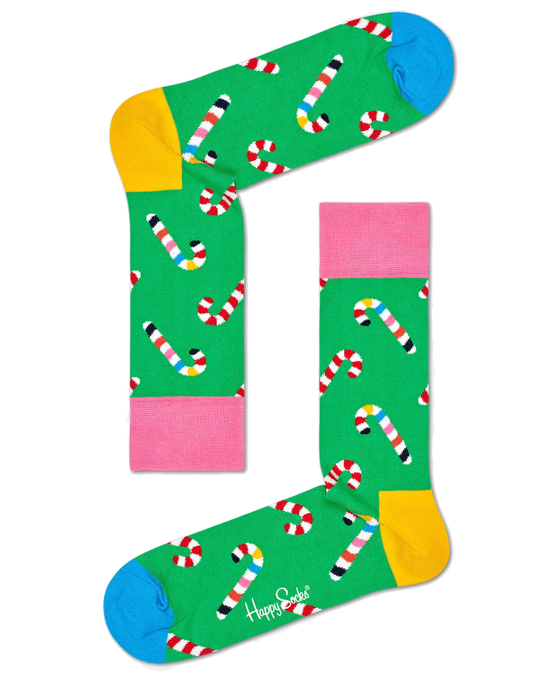 Happy Socks XCCA02-0100 Psychedelic Candy Cane Socks Gift Box - Green cotton socks with multicoloured candy cane pattern, pink cuff, yellow heel and blue toe. 
