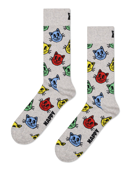 Happy Socks P002584 Cat Sock - Light grey cotton mix crew length ankle socks with a multicoloured cartoon cat face pattern in red, yellow, blue and green.