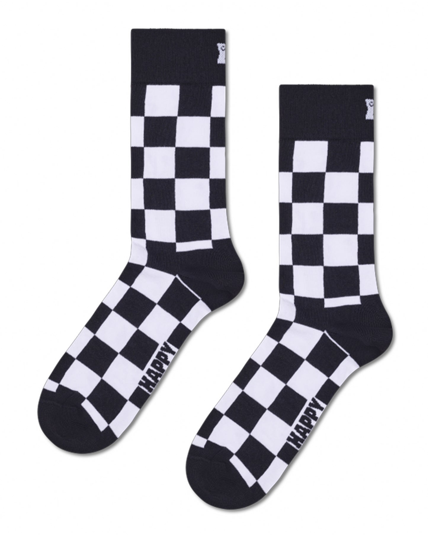 Black and white checkered socks with 'Happy' branding on a white background