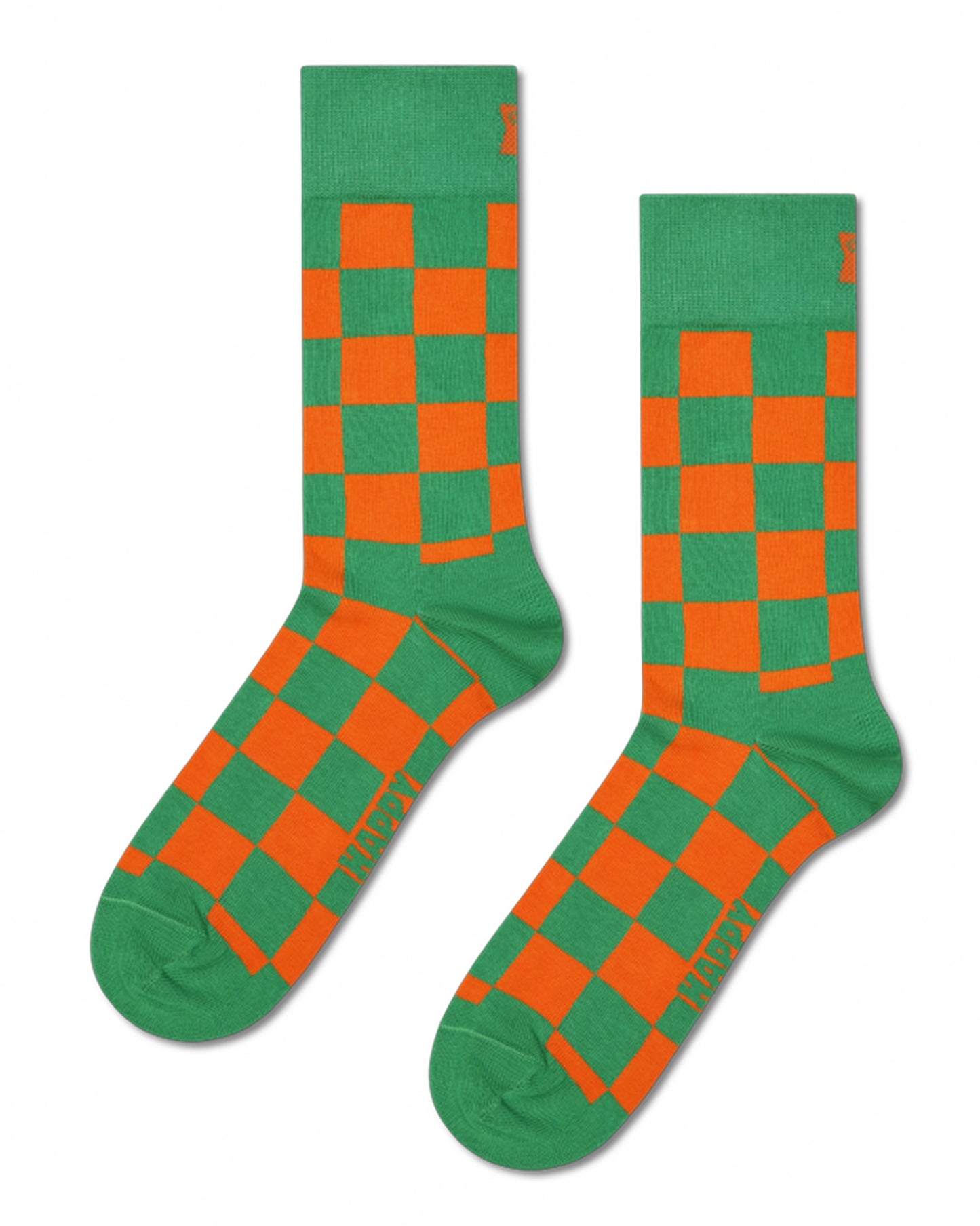 Green and orange checkered socks on a white background