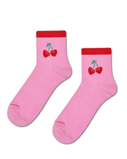 Pink socks with cherry design on a white background